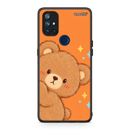 Θήκη OnePlus Nord N10 5G Peekaboo Teddy on Orange από τη Smartfits με σχέδιο στο πίσω μέρος και μαύρο περίβλημα | OnePlus Nord N10 5G Peekaboo Teddy on Orange case with colorful back and black bezels