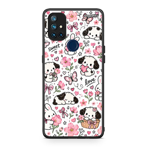 Θήκη OnePlus Nord N10 5G Pink Florals Puppies and Bunnies on White από τη Smartfits με σχέδιο στο πίσω μέρος και μαύρο περίβλημα | OnePlus Nord N10 5G Pink Florals Puppies and Bunnies on White case with colorful back and black bezels