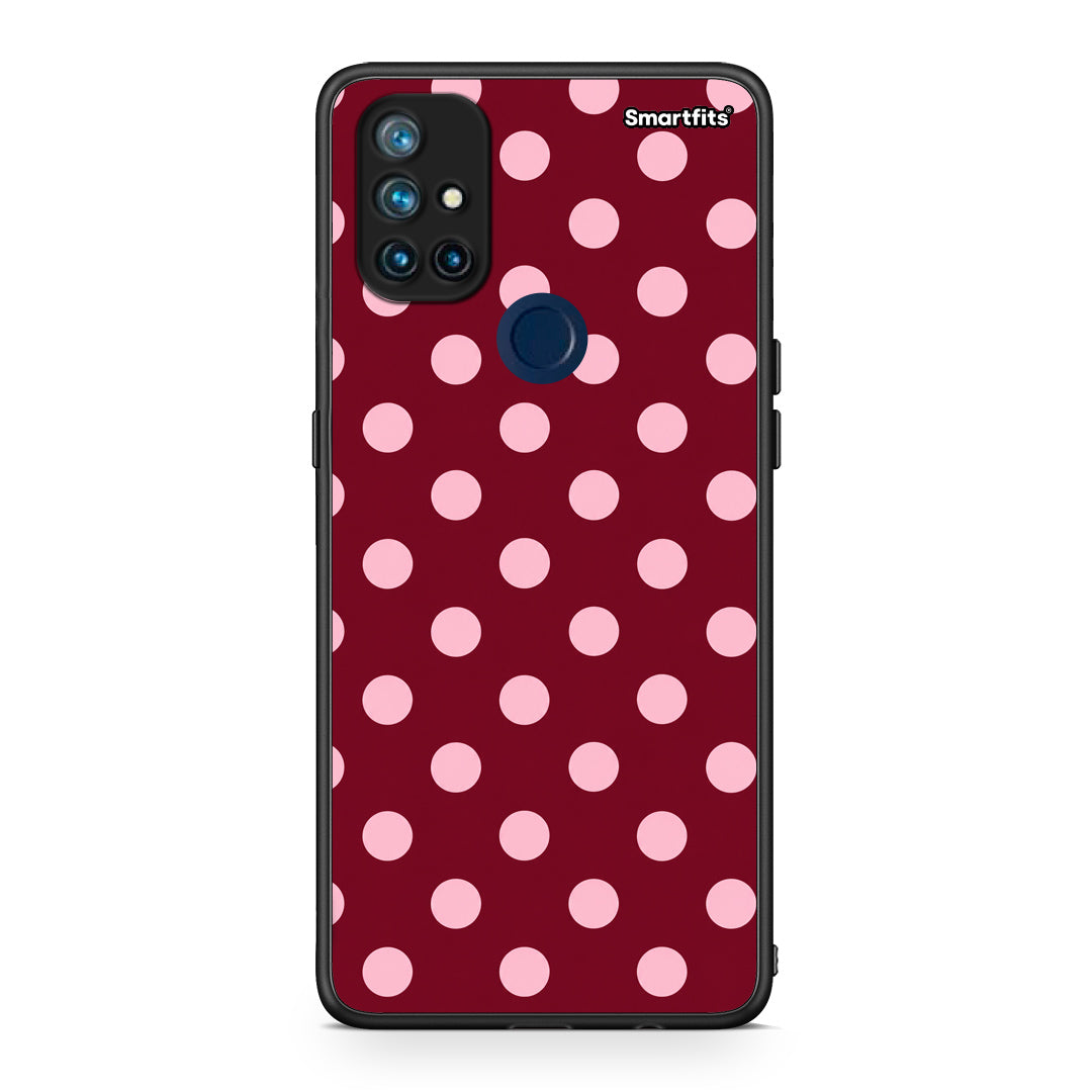 Θήκη OnePlus Nord N10 5G Pink Polka Dots on Burgundy από τη Smartfits με σχέδιο στο πίσω μέρος και μαύρο περίβλημα | OnePlus Nord N10 5G Pink Polka Dots on Burgundy case with colorful back and black bezels