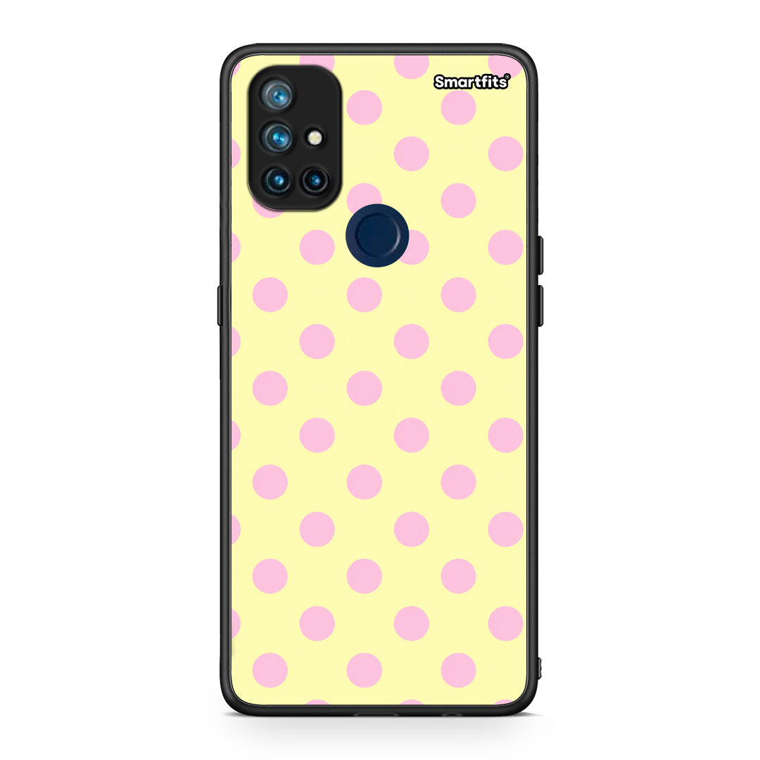 Θήκη OnePlus Nord N10 5G Pink Polka Dots on Yellow από τη Smartfits με σχέδιο στο πίσω μέρος και μαύρο περίβλημα | OnePlus Nord N10 5G Pink Polka Dots on Yellow case with colorful back and black bezels