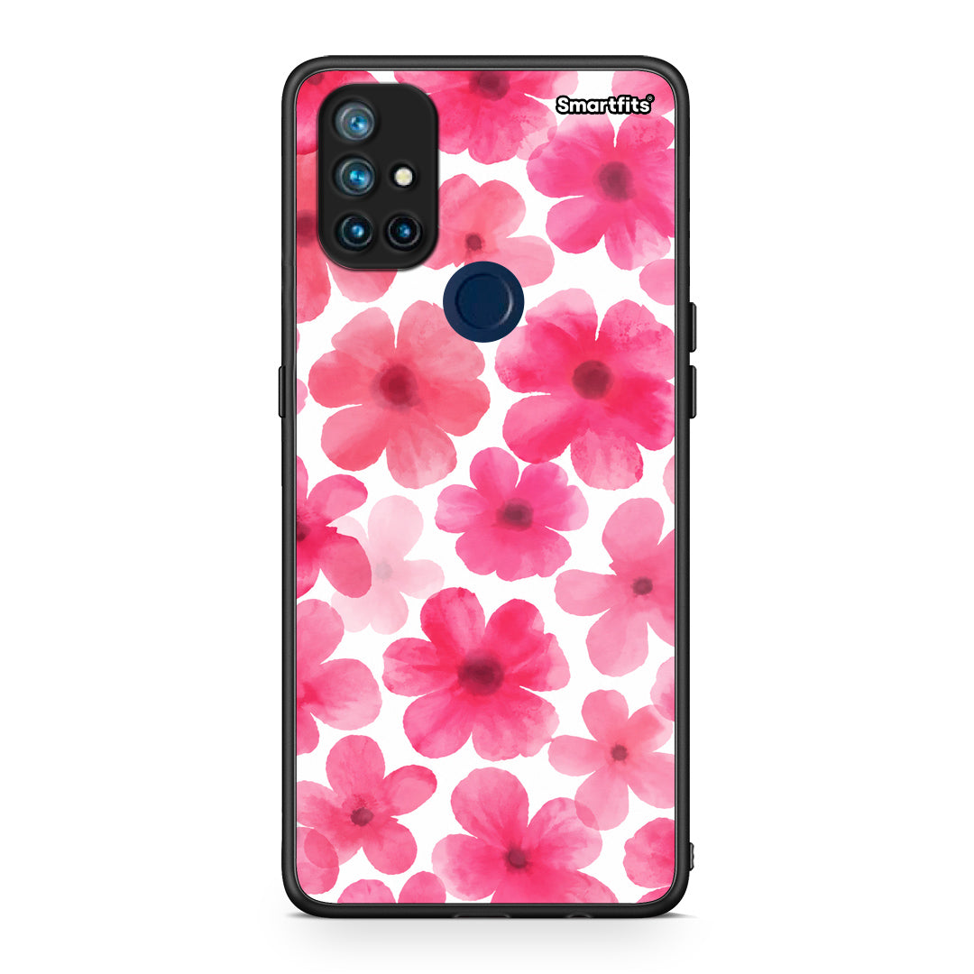 Θήκη OnePlus Nord N10 5G Pink Watercolour Flowers on White από τη Smartfits με σχέδιο στο πίσω μέρος και μαύρο περίβλημα | OnePlus Nord N10 5G Pink Watercolour Flowers on White case with colorful back and black bezels