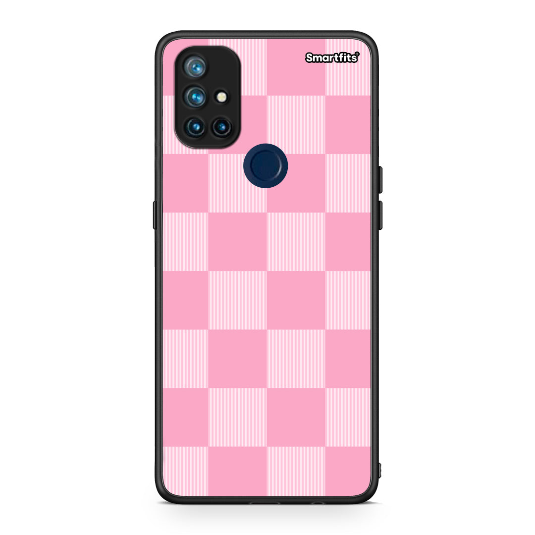 Θήκη OnePlus Nord N10 5G Pink and White Striped Checks από τη Smartfits με σχέδιο στο πίσω μέρος και μαύρο περίβλημα | OnePlus Nord N10 5G Pink and White Striped Checks case with colorful back and black bezels