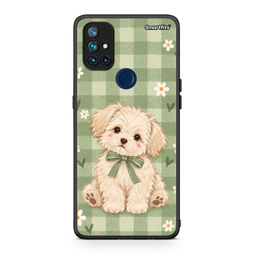 Θήκη OnePlus Nord N10 5G Puppy and Daisies on Sage Gingham από τη Smartfits με σχέδιο στο πίσω μέρος και μαύρο περίβλημα | OnePlus Nord N10 5G Puppy and Daisies on Sage Gingham case with colorful back and black bezels
