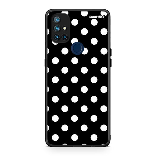 Θήκη OnePlus Nord N10 5G White Polka Dots on Black από τη Smartfits με σχέδιο στο πίσω μέρος και μαύρο περίβλημα | OnePlus Nord N10 5G White Polka Dots on Black case with colorful back and black bezels