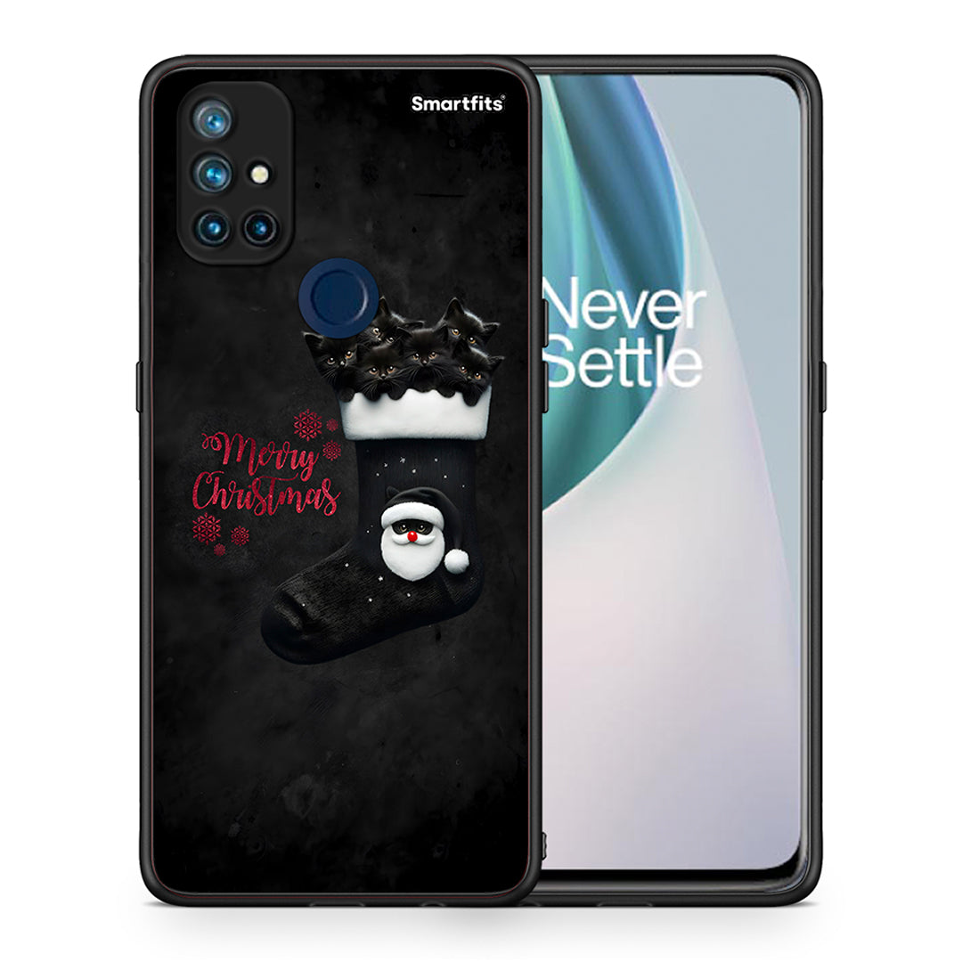 Θήκη OnePlus Nord N10 5G Merry Cat Christmas από τη Smartfits με σχέδιο στο πίσω μέρος και μαύρο περίβλημα | OnePlus Nord N10 5G Merry Cat Christmas case with colorful back and black bezels