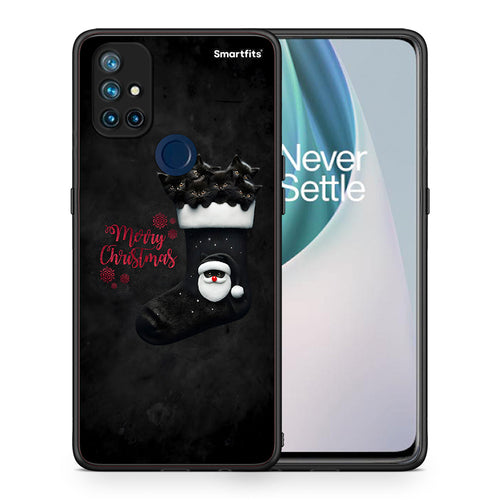 Θήκη OnePlus Nord N10 5G Merry Cat Christmas από τη Smartfits με σχέδιο στο πίσω μέρος και μαύρο περίβλημα | OnePlus Nord N10 5G Merry Cat Christmas case with colorful back and black bezels