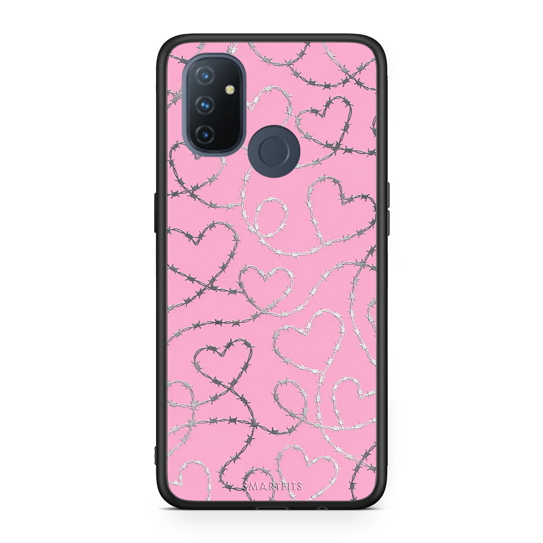 Θήκη OnePlus Nord N100 Barbed Wire Hearts on Pink από τη Smartfits με σχέδιο στο πίσω μέρος και μαύρο περίβλημα | OnePlus Nord N100 Barbed Wire Hearts on Pink case with colorful back and black bezels
