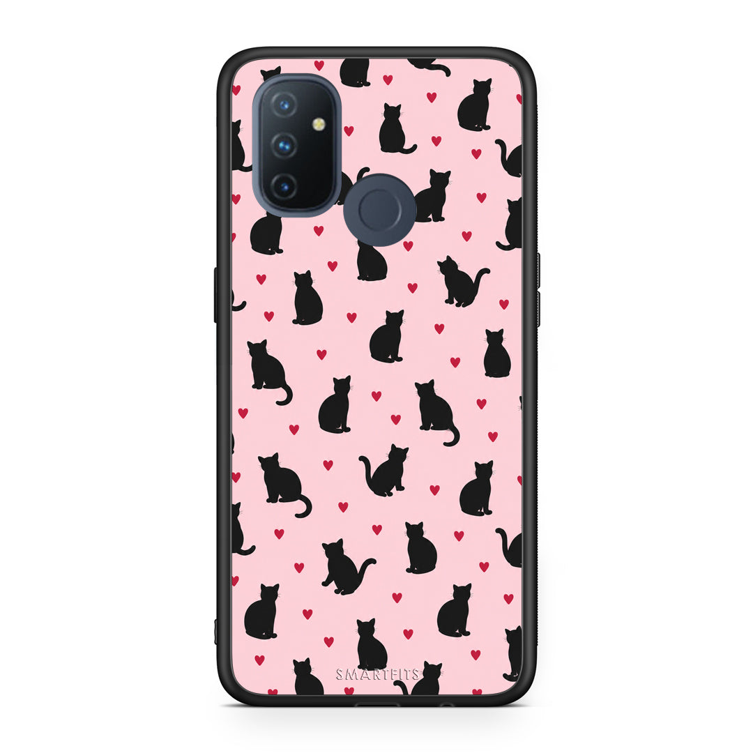 Θήκη OnePlus Nord N100 Black Cat Silhouettes and Hearts on Pink από τη Smartfits με σχέδιο στο πίσω μέρος και μαύρο περίβλημα | OnePlus Nord N100 Black Cat Silhouettes and Hearts on Pink case with colorful back and black bezels