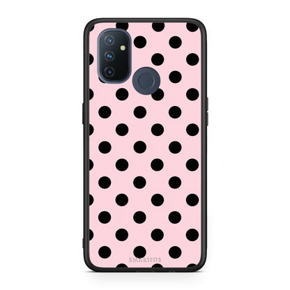 Θήκη OnePlus Nord N100 Black Polka Dots on Pink από τη Smartfits με σχέδιο στο πίσω μέρος και μαύρο περίβλημα | OnePlus Nord N100 Black Polka Dots on Pink case with colorful back and black bezels
