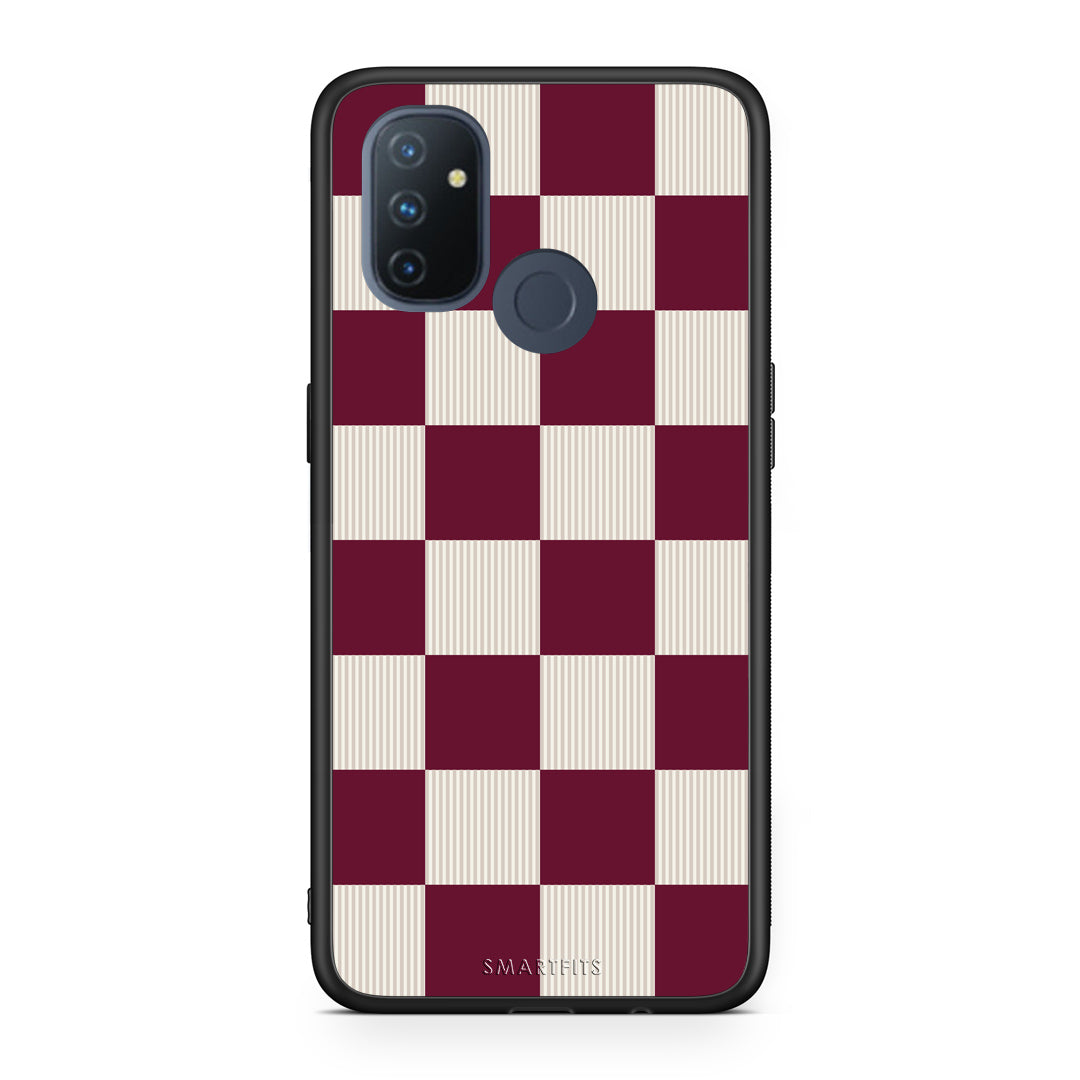 Θήκη OnePlus Nord N100 Burgundy and Cream Striped Checks από τη Smartfits με σχέδιο στο πίσω μέρος και μαύρο περίβλημα | OnePlus Nord N100 Burgundy and Cream Striped Checks case with colorful back and black bezels