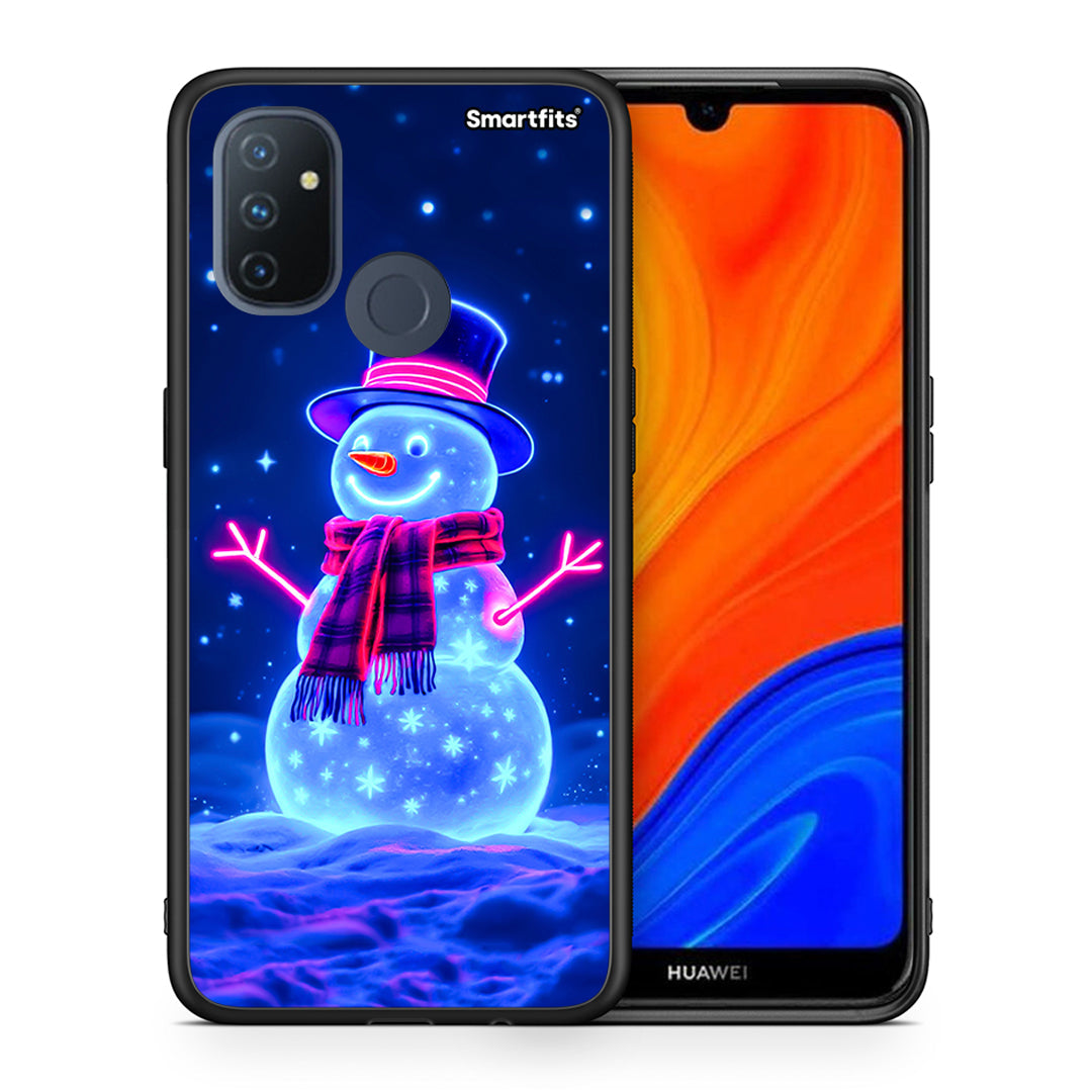 Θήκη OnePlus Nord N100 Christmas Neon Snowman από τη Smartfits με σχέδιο στο πίσω μέρος και μαύρο περίβλημα | OnePlus Nord N100 Christmas Neon Snowman case with colorful back and black bezels