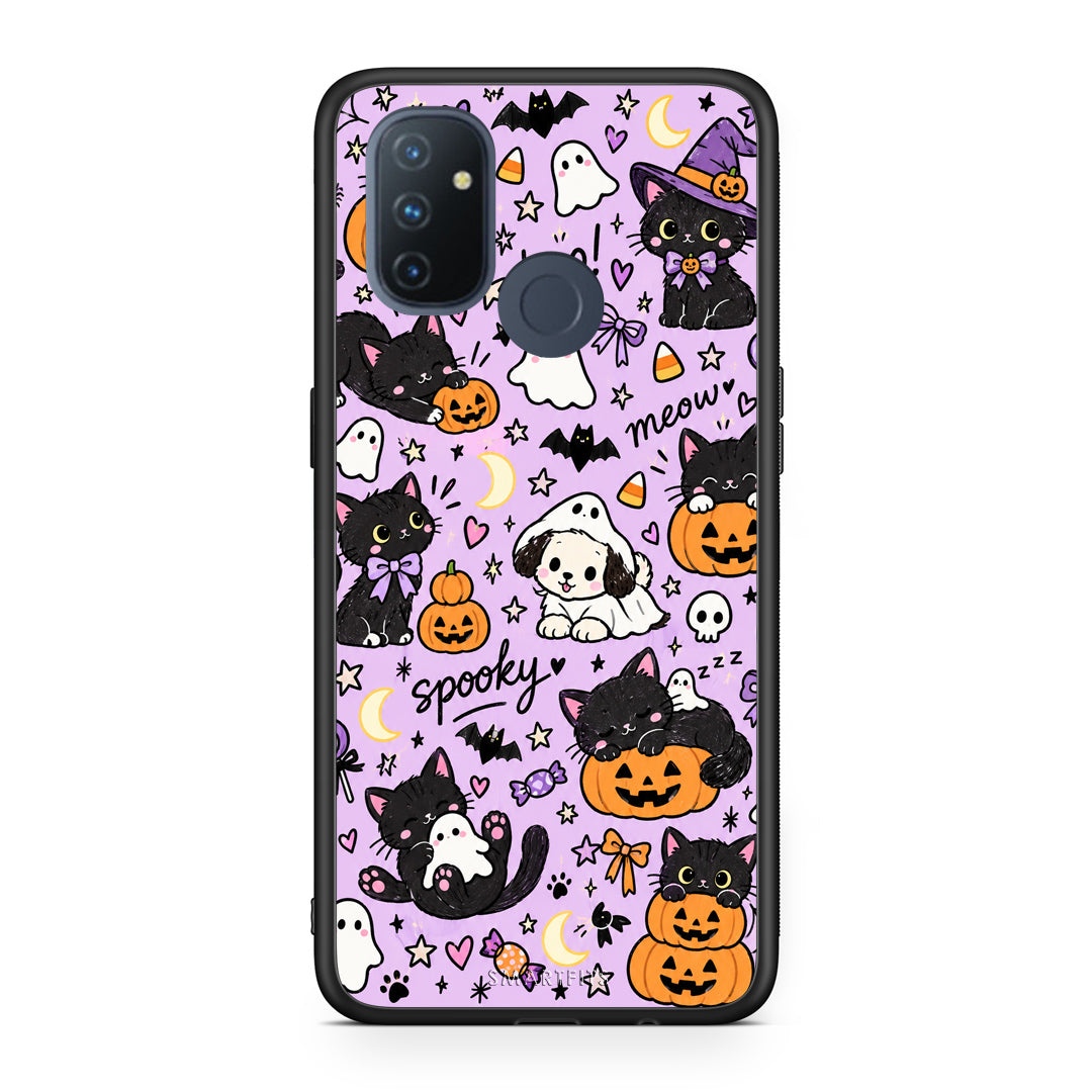 Θήκη OnePlus Nord N100 Halloween Black Cats on Lilac από τη Smartfits με σχέδιο στο πίσω μέρος και μαύρο περίβλημα | OnePlus Nord N100 Halloween Black Cats on Lilac case with colorful back and black bezels