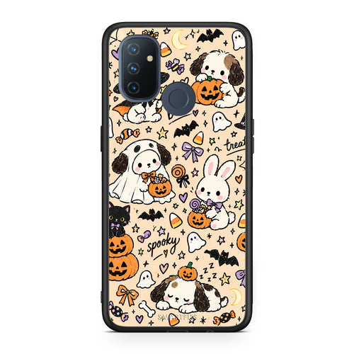 Θήκη OnePlus Nord N100 Halloween Puppies and Friends on Cream από τη Smartfits με σχέδιο στο πίσω μέρος και μαύρο περίβλημα | OnePlus Nord N100 Halloween Puppies and Friends on Cream case with colorful back and black bezels