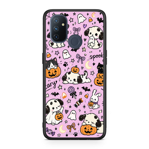 Θήκη OnePlus Nord N100 Halloween Puppies and Friends on Lilac από τη Smartfits με σχέδιο στο πίσω μέρος και μαύρο περίβλημα | OnePlus Nord N100 Halloween Puppies and Friends on Lilac case with colorful back and black bezels