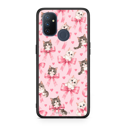 Θήκη OnePlus Nord N100 Kittens and Pink Bows on Pink από τη Smartfits με σχέδιο στο πίσω μέρος και μαύρο περίβλημα | OnePlus Nord N100 Kittens and Pink Bows on Pink case with colorful back and black bezels