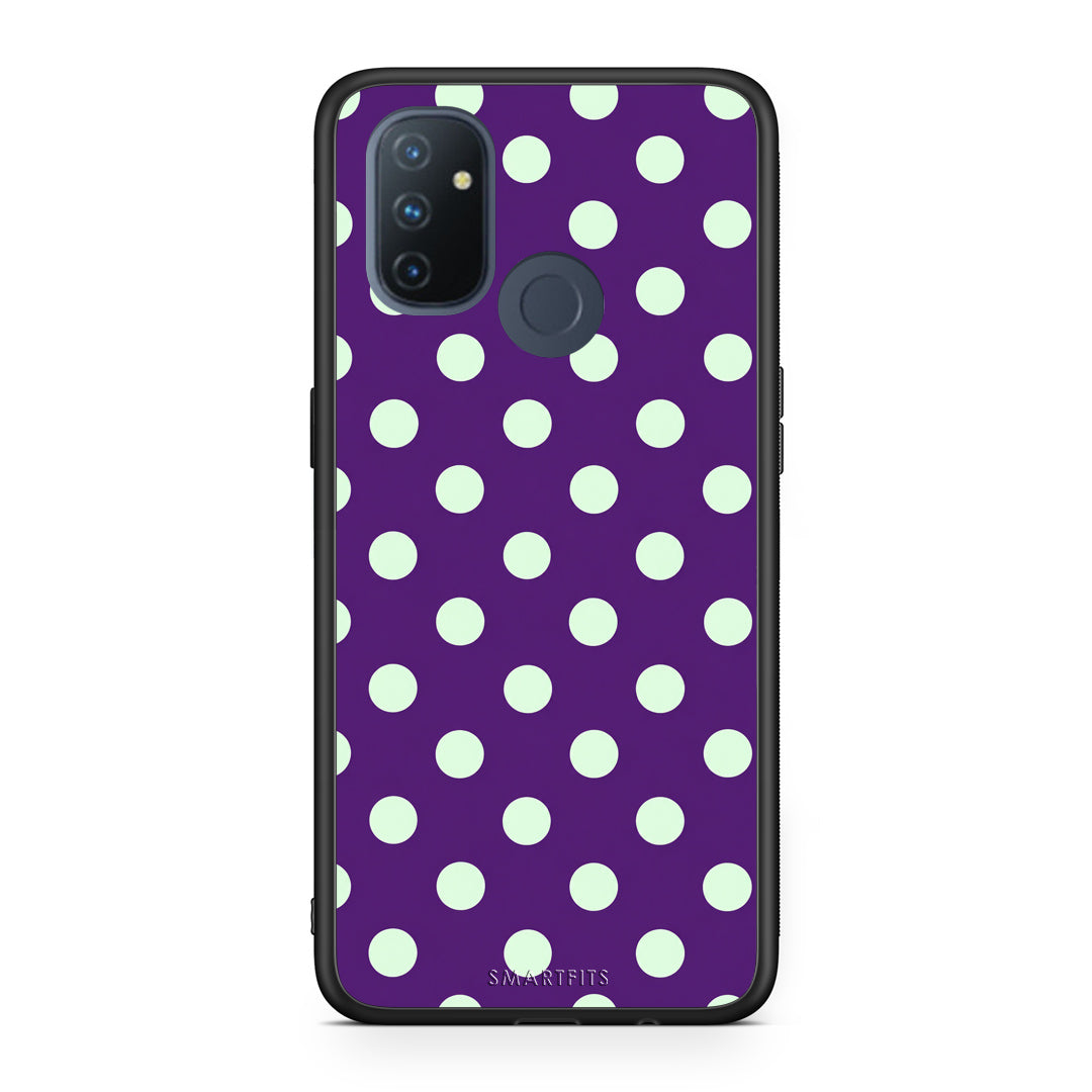 Θήκη OnePlus Nord N100 Mint Polka Dots on Purple από τη Smartfits με σχέδιο στο πίσω μέρος και μαύρο περίβλημα | OnePlus Nord N100 Mint Polka Dots on Purple case with colorful back and black bezels