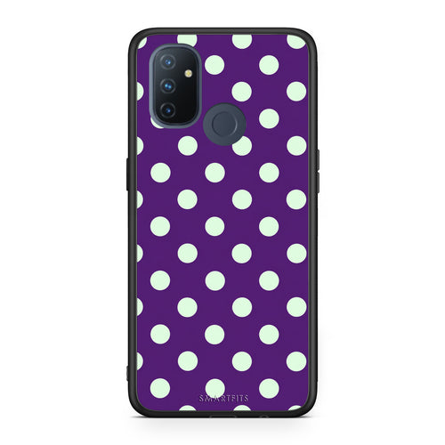 Θήκη OnePlus Nord N100 Mint Polka Dots on Purple από τη Smartfits με σχέδιο στο πίσω μέρος και μαύρο περίβλημα | OnePlus Nord N100 Mint Polka Dots on Purple case with colorful back and black bezels