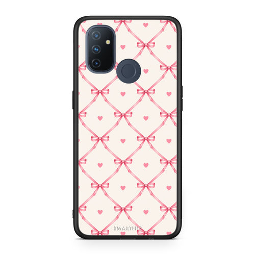Θήκη OnePlus Nord N100 Pink Bow Lattice and Hearts on Cream από τη Smartfits με σχέδιο στο πίσω μέρος και μαύρο περίβλημα | OnePlus Nord N100 Pink Bow Lattice and Hearts on Cream case with colorful back and black bezels