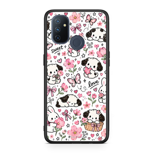 Θήκη OnePlus Nord N100 Pink Florals Puppies and Bunnies on White από τη Smartfits με σχέδιο στο πίσω μέρος και μαύρο περίβλημα | OnePlus Nord N100 Pink Florals Puppies and Bunnies on White case with colorful back and black bezels