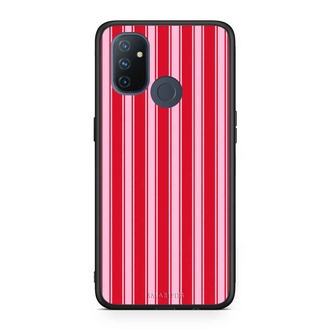 Θήκη OnePlus Nord N100 Red and Pink Vertical Pinstripes από τη Smartfits με σχέδιο στο πίσω μέρος και μαύρο περίβλημα | OnePlus Nord N100 Red and Pink Vertical Pinstripes case with colorful back and black bezels
