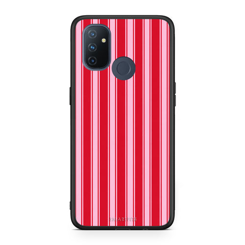 Θήκη OnePlus Nord N100 Red and Pink Vertical Pinstripes από τη Smartfits με σχέδιο στο πίσω μέρος και μαύρο περίβλημα | OnePlus Nord N100 Red and Pink Vertical Pinstripes case with colorful back and black bezels