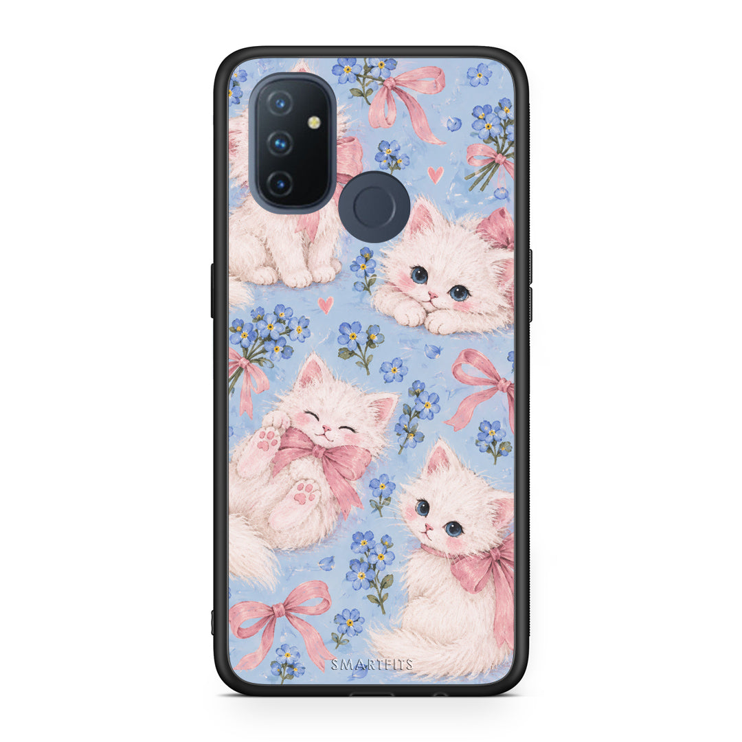 Θήκη OnePlus Nord N100 White Kittens and Blue Flowers Large από τη Smartfits με σχέδιο στο πίσω μέρος και μαύρο περίβλημα | OnePlus Nord N100 White Kittens and Blue Flowers Large case with colorful back and black bezels