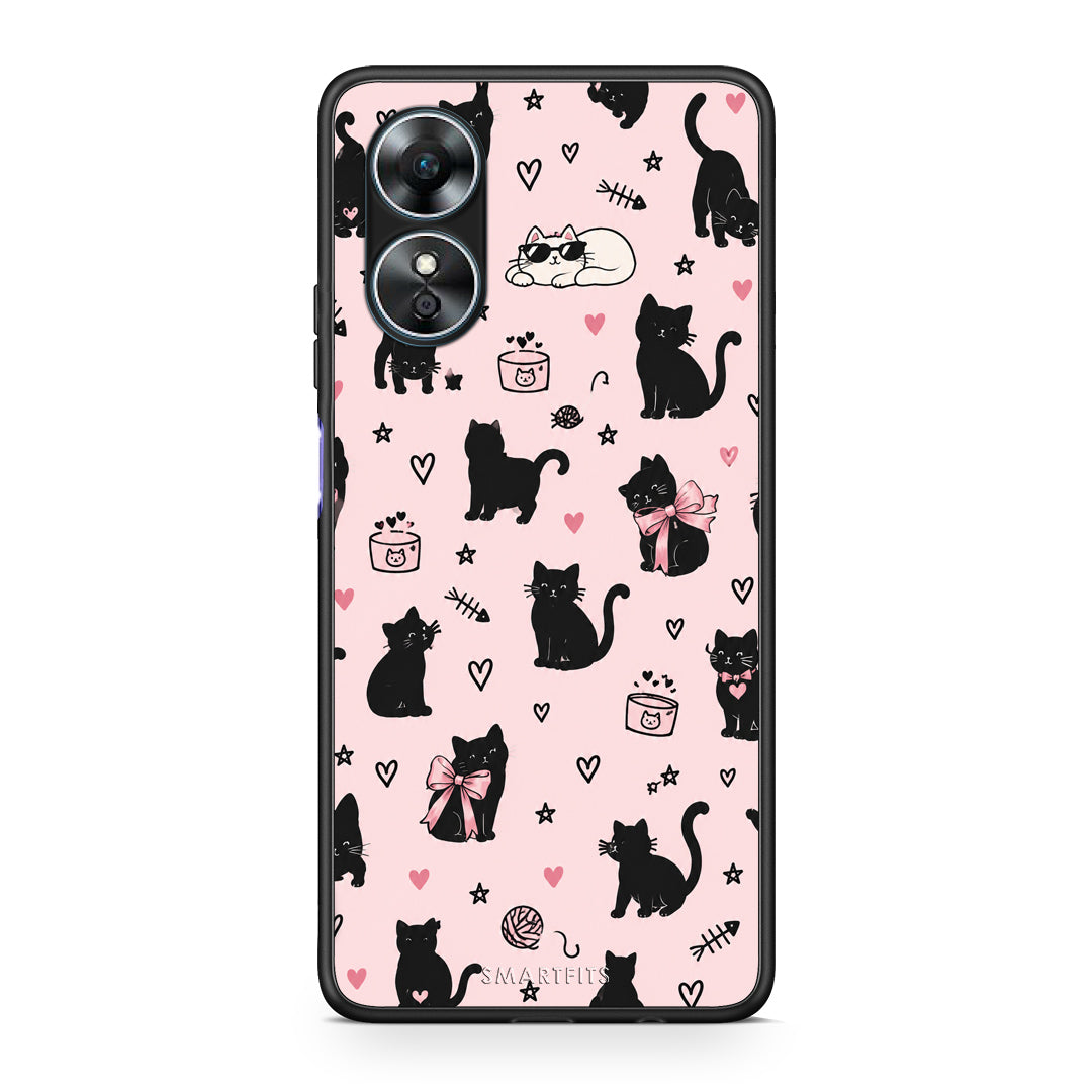Θήκη Oppo A17 Black Cat Doodles on Pink από τη Smartfits με σχέδιο στο πίσω μέρος και μαύρο περίβλημα | Oppo A17 Black Cat Doodles on Pink case with colorful back and black bezels