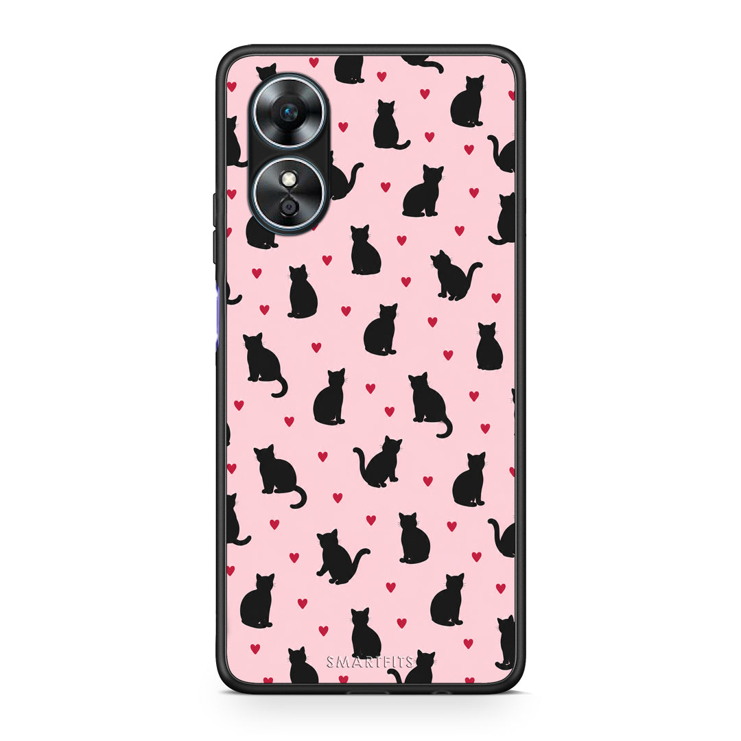 Θήκη Oppo A17 Black Cat Silhouettes and Hearts on Pink από τη Smartfits με σχέδιο στο πίσω μέρος και μαύρο περίβλημα | Oppo A17 Black Cat Silhouettes and Hearts on Pink case with colorful back and black bezels