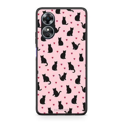 Θήκη Oppo A17 Black Cat Silhouettes and Hearts on Pink από τη Smartfits με σχέδιο στο πίσω μέρος και μαύρο περίβλημα | Oppo A17 Black Cat Silhouettes and Hearts on Pink case with colorful back and black bezels