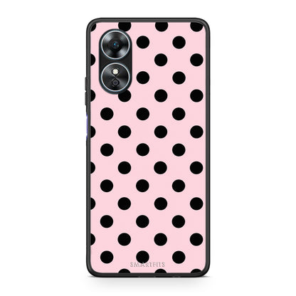 Θήκη Oppo A17 Black Polka Dots on Pink από τη Smartfits με σχέδιο στο πίσω μέρος και μαύρο περίβλημα | Oppo A17 Black Polka Dots on Pink case with colorful back and black bezels
