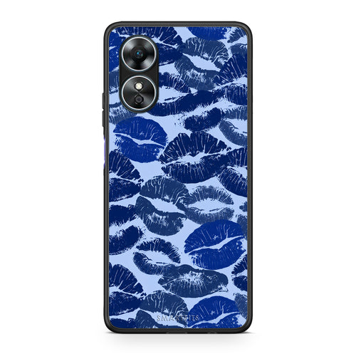 Θήκη Oppo A17 Blue Lipstick Kisses από τη Smartfits με σχέδιο στο πίσω μέρος και μαύρο περίβλημα | Oppo A17 Blue Lipstick Kisses case with colorful back and black bezels