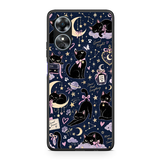 Θήκη Oppo A17 Celestial Black Cats on Navy από τη Smartfits με σχέδιο στο πίσω μέρος και μαύρο περίβλημα | Oppo A17 Celestial Black Cats on Navy case with colorful back and black bezels