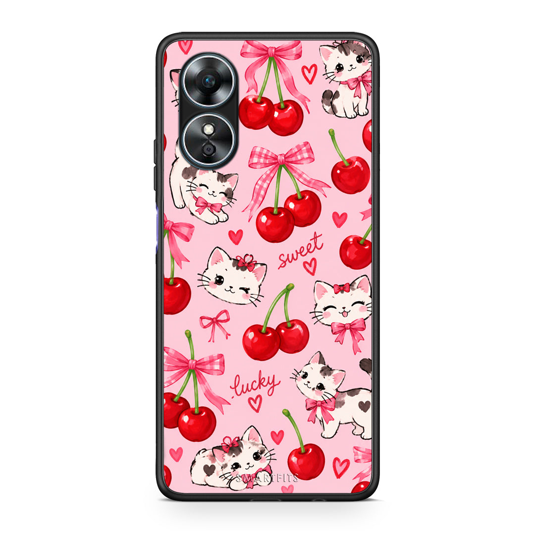 Θήκη Oppo A17 Cherries Bows and Kittens on Pink από τη Smartfits με σχέδιο στο πίσω μέρος και μαύρο περίβλημα | Oppo A17 Cherries Bows and Kittens on Pink case with colorful back and black bezels