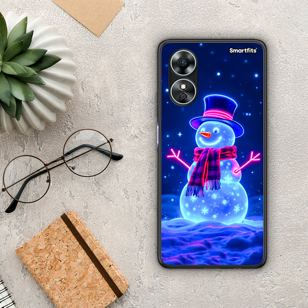 Θήκη Oppo A17 Christmas Neon Snowman από τη Smartfits με σχέδιο στο πίσω μέρος και μαύρο περίβλημα | Oppo A17 Christmas Neon Snowman Case with Colorful Back and Black Bezels