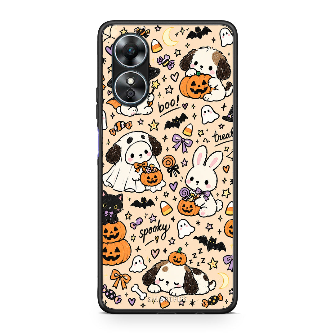 Θήκη Oppo A17 Halloween Puppies and Friends on Cream από τη Smartfits με σχέδιο στο πίσω μέρος και μαύρο περίβλημα | Oppo A17 Halloween Puppies and Friends on Cream case with colorful back and black bezels