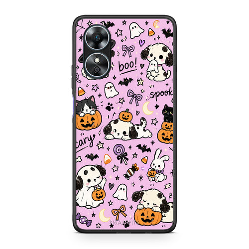 Θήκη Oppo A17 Halloween Puppies and Friends on Lilac από τη Smartfits με σχέδιο στο πίσω μέρος και μαύρο περίβλημα | Oppo A17 Halloween Puppies and Friends on Lilac case with colorful back and black bezels