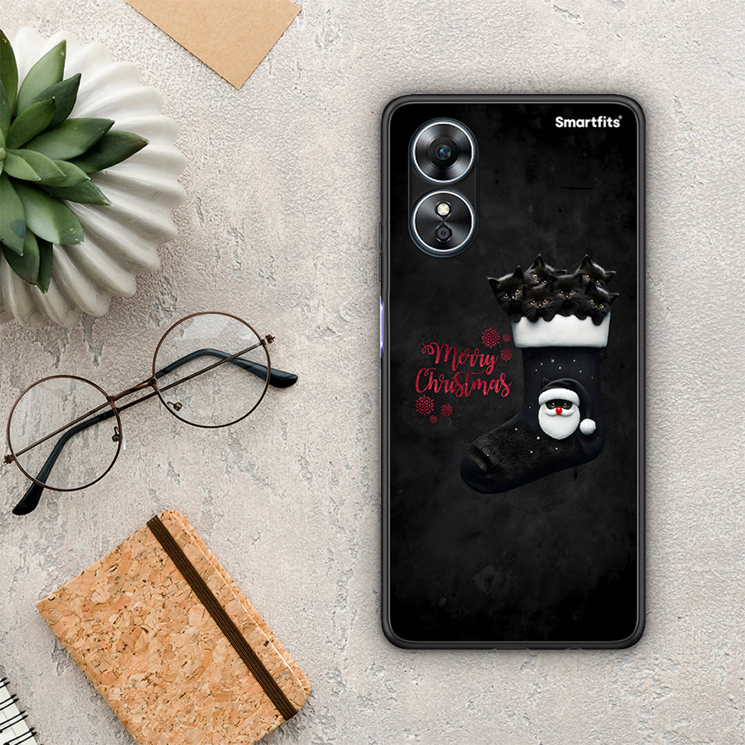 Θήκη Oppo A17 Merry Cat Christmas από τη Smartfits με σχέδιο στο πίσω μέρος και μαύρο περίβλημα | Oppo A17 Merry Cat Christmas Case with Colorful Back and Black Bezels