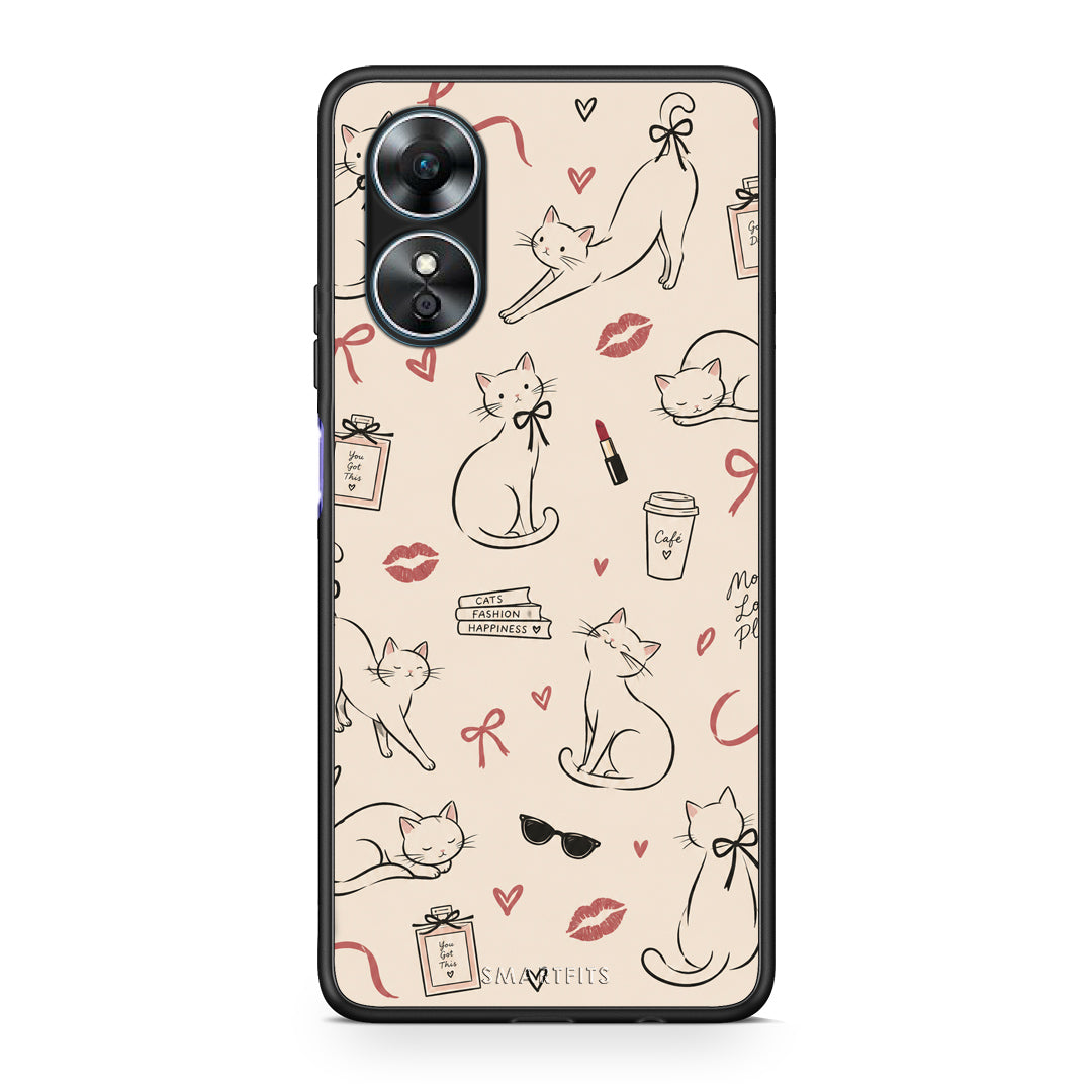 Θήκη Oppo A17 Minimal Cat and Fashion Doodles on Cream από τη Smartfits με σχέδιο στο πίσω μέρος και μαύρο περίβλημα | Oppo A17 Minimal Cat and Fashion Doodles on Cream case with colorful back and black bezels