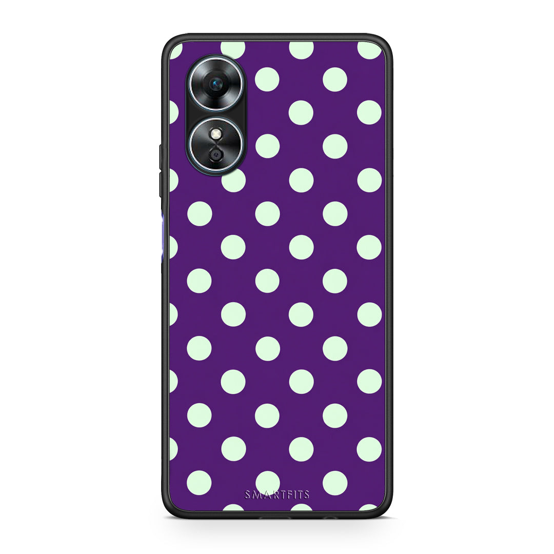 Θήκη Oppo A17 Mint Polka Dots on Purple από τη Smartfits με σχέδιο στο πίσω μέρος και μαύρο περίβλημα | Oppo A17 Mint Polka Dots on Purple case with colorful back and black bezels