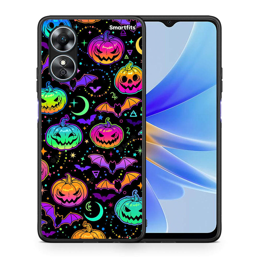 Θήκη Oppo A17 Neon Halloween από τη Smartfits με σχέδιο στο πίσω μέρος και μαύρο περίβλημα | Oppo A17 Neon Halloween Case with Colorful Back and Black Bezels