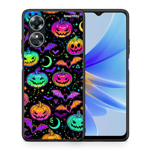 Θήκη Oppo A17 Neon Halloween από τη Smartfits με σχέδιο στο πίσω μέρος και μαύρο περίβλημα | Oppo A17 Neon Halloween Case with Colorful Back and Black Bezels