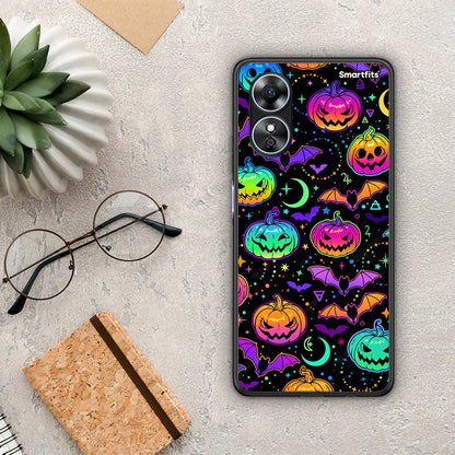 Θήκη Oppo A17 Neon Halloween από τη Smartfits με σχέδιο στο πίσω μέρος και μαύρο περίβλημα | Oppo A17 Neon Halloween Case with Colorful Back and Black Bezels