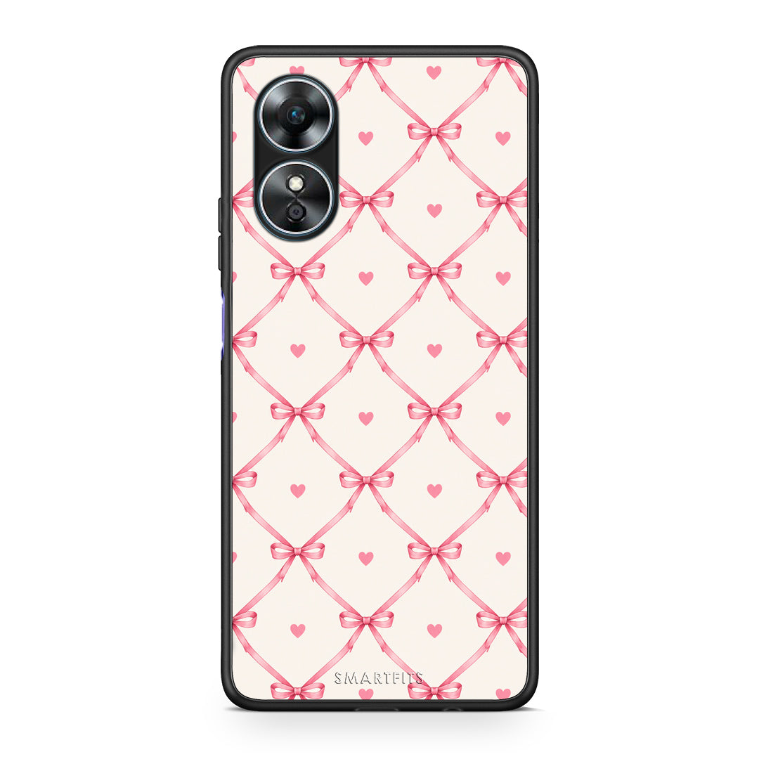 Θήκη Oppo A17 Pink Bow Lattice and Hearts on Cream από τη Smartfits με σχέδιο στο πίσω μέρος και μαύρο περίβλημα | Oppo A17 Pink Bow Lattice and Hearts on Cream case with colorful back and black bezels