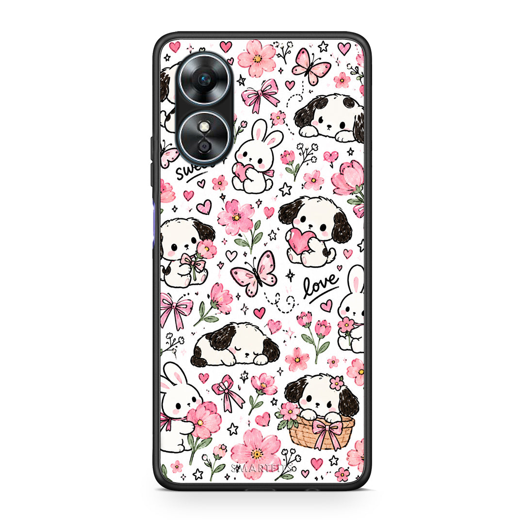 Θήκη Oppo A17 Pink Florals Puppies and Bunnies on White από τη Smartfits με σχέδιο στο πίσω μέρος και μαύρο περίβλημα | Oppo A17 Pink Florals Puppies and Bunnies on White case with colorful back and black bezels
