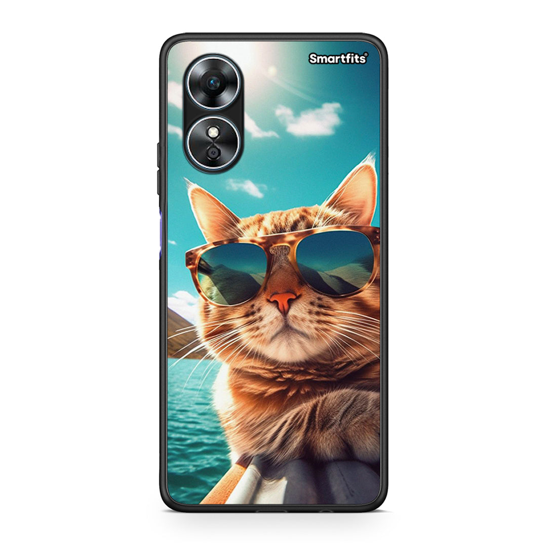 Θήκη Oppo A17 Summer Cat από τη Smartfits με σχέδιο στο πίσω μέρος και μαύρο περίβλημα | Oppo A17 Summer Cat Case with Colorful Back and Black Bezels