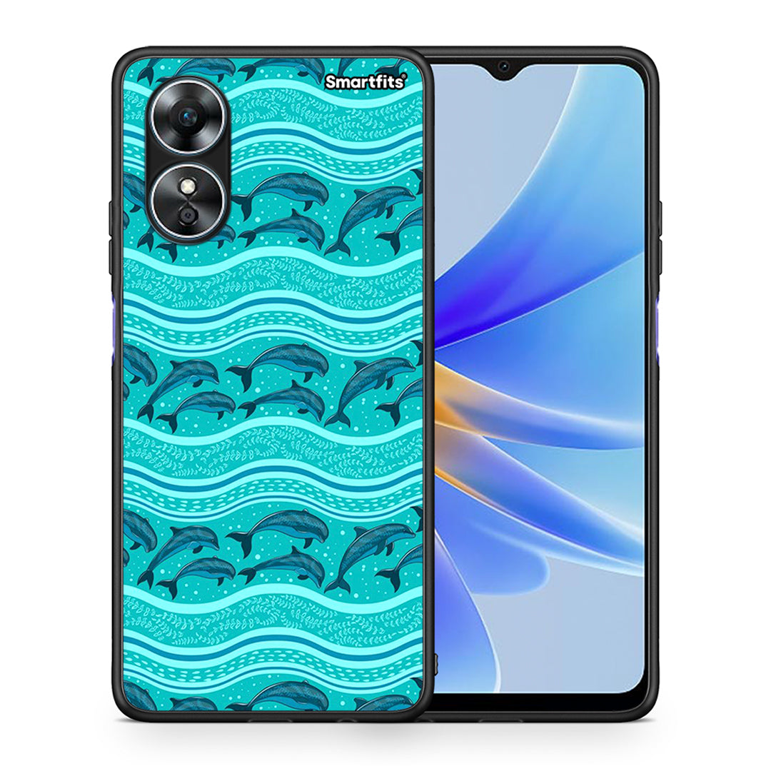 Θήκη Oppo A17 Swimming Dolphins από τη Smartfits με σχέδιο στο πίσω μέρος και μαύρο περίβλημα | Oppo A17 Swimming Dolphins Case with Colorful Back and Black Bezels