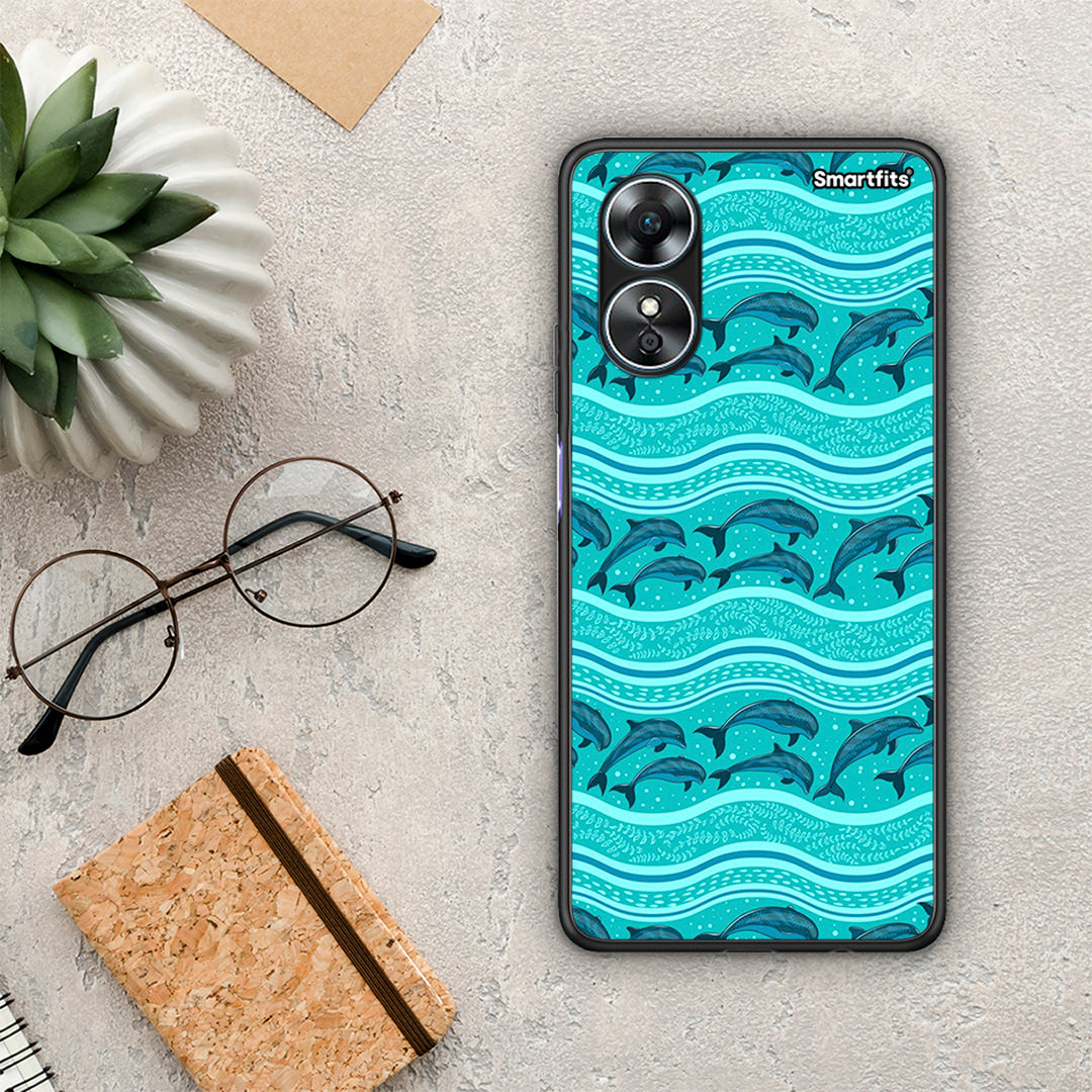 Θήκη Oppo A17 Swimming Dolphins από τη Smartfits με σχέδιο στο πίσω μέρος και μαύρο περίβλημα | Oppo A17 Swimming Dolphins Case with Colorful Back and Black Bezels