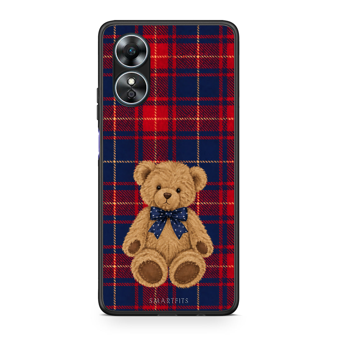 Θήκη Oppo A17 Teddy Bear on Red and Navy Tartan από τη Smartfits με σχέδιο στο πίσω μέρος και μαύρο περίβλημα | Oppo A17 Teddy Bear on Red and Navy Tartan case with colorful back and black bezels
