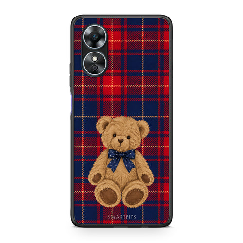 Θήκη Oppo A17 Teddy Bear on Red and Navy Tartan από τη Smartfits με σχέδιο στο πίσω μέρος και μαύρο περίβλημα | Oppo A17 Teddy Bear on Red and Navy Tartan case with colorful back and black bezels