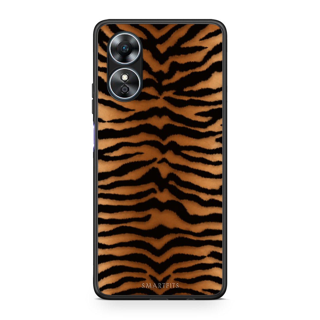 Θήκη Oppo A17 Tiger Print Orange and Black από τη Smartfits με σχέδιο στο πίσω μέρος και μαύρο περίβλημα | Oppo A17 Tiger Print Orange and Black case with colorful back and black bezels